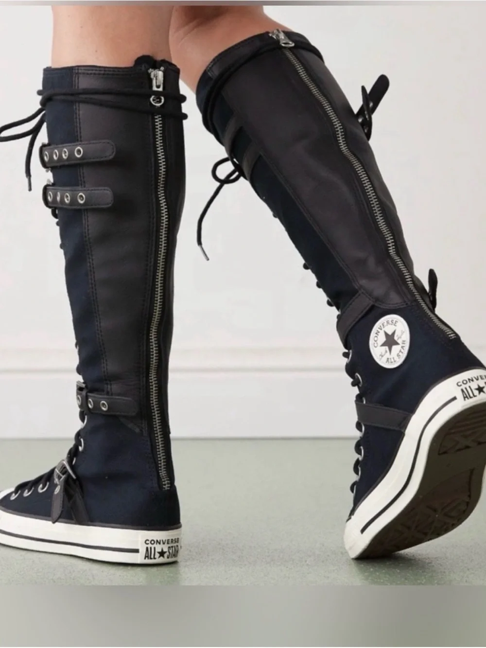 Converse Black Over-the-Knee Lace-Up Canvas Boots with Buckle Straps